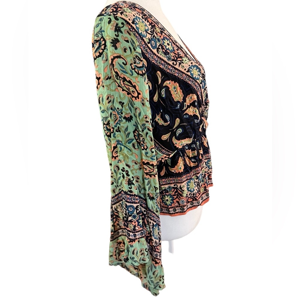 Free People Floral Paisley Wrap Blouse - Green Navy Peach - Picture 4 of 12